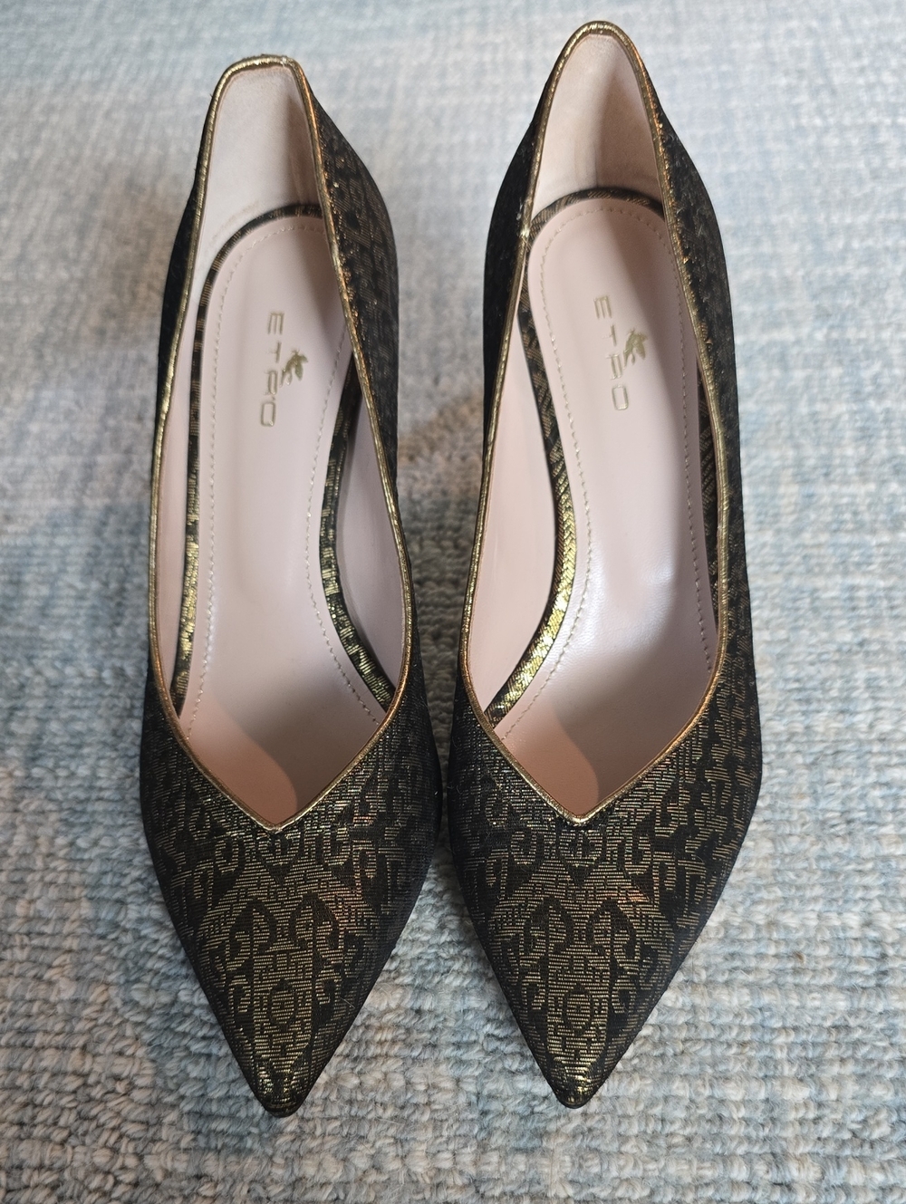 Etro Black and Gold Patterned Pointed-Toe Pumps